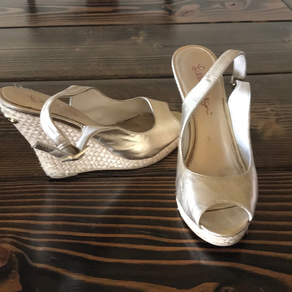 Lilly Pulitzer Kristin Leather Gold Wedges